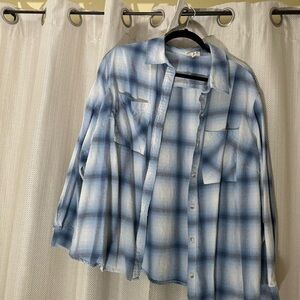 Womens blue and White Plaid Button-Up Shirt